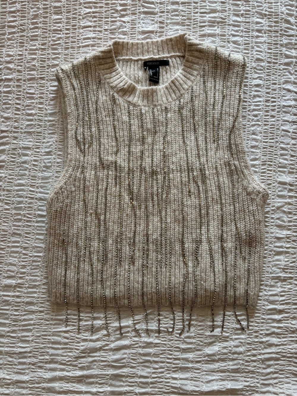 Forever 21 Beige/Cream Ribbed Knit Sleeveless Crew Sweater